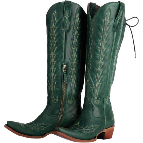 ⚡Women's Green Knee High Wide Calf Lace Up Embroidered Cowgirl Boots Pull On - Picture 4 of 4